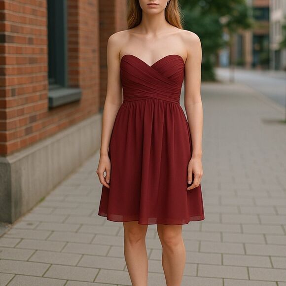 Alfred Angelo Maroon Chiffon Layers Princess Bodice Strapless Prom Dress - Picture 15 of 15